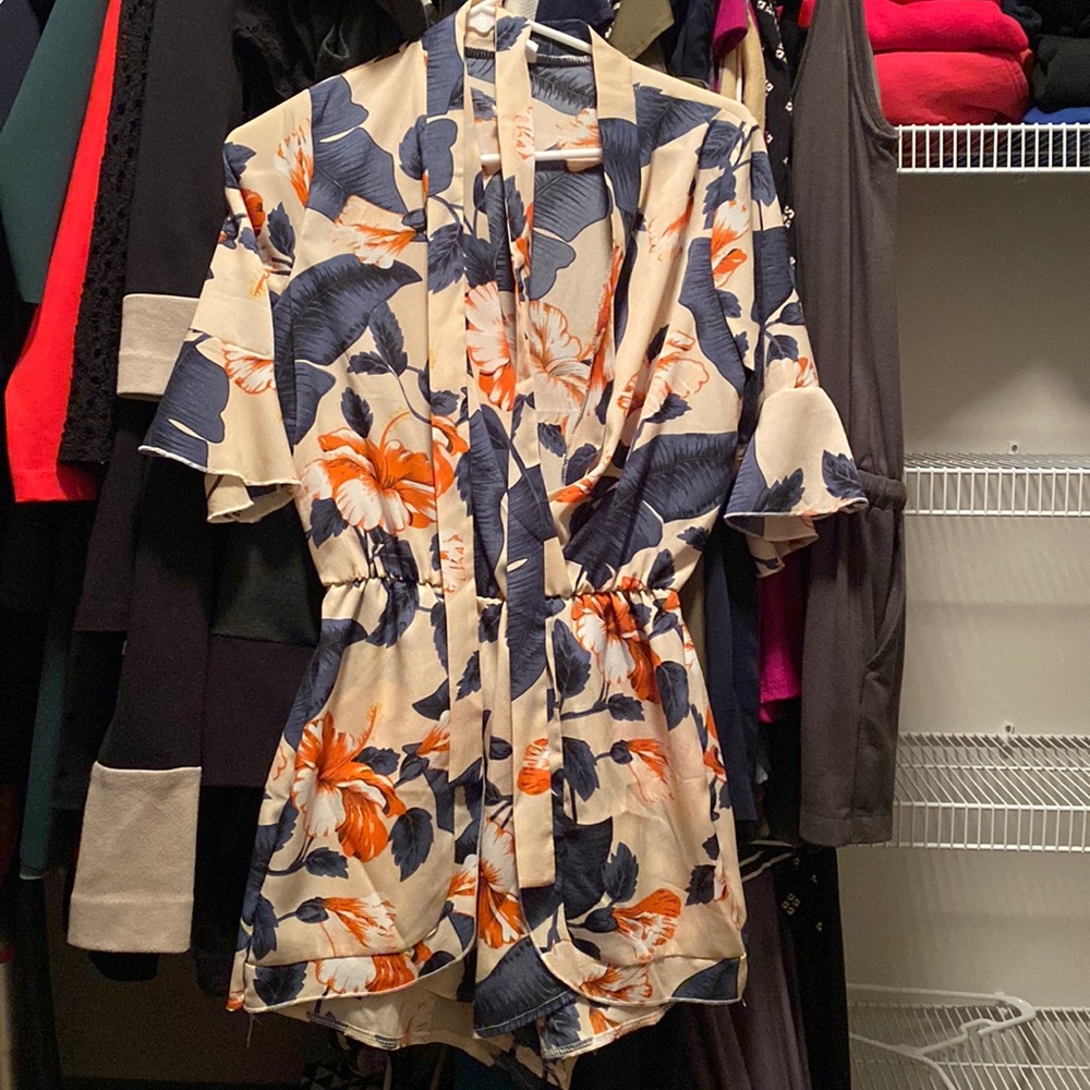 Floral silk romper with cap sleeves